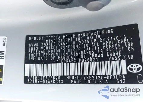 2020 Toyota Corolla Le из США, поврежденный, VIN 5YFEPRAEXLP028821